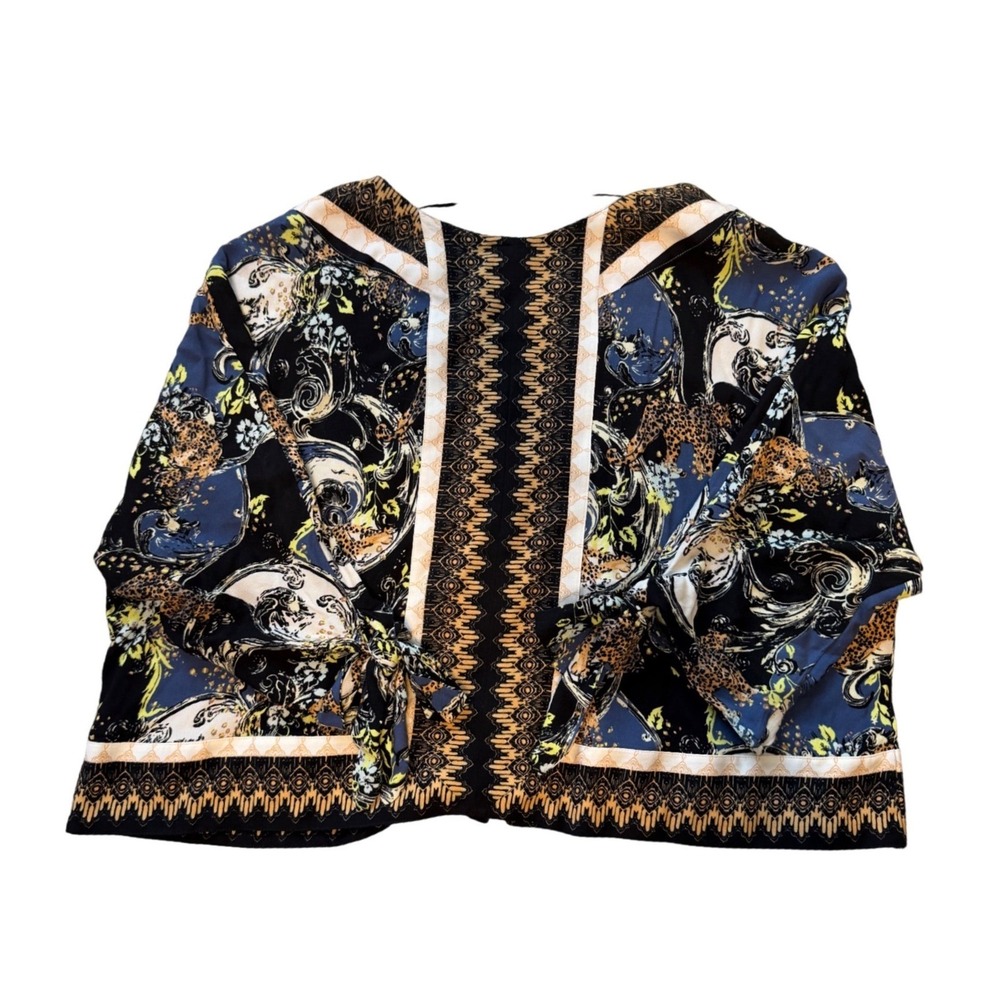 Free People Flowy Button Front Blouse Leopard Floral Geometric Black Medium - Picture 8 of 9